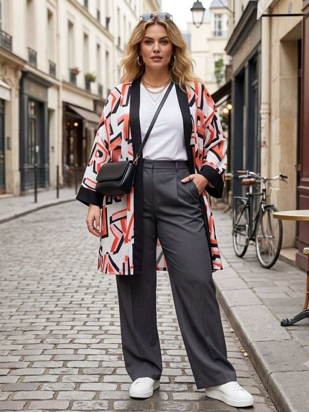 Karl Lagerfeld Paris Open Front Graphic Kimono Cardigan Jacket XL High Low